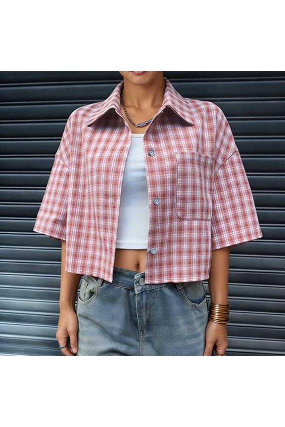 Womens Cropped Plaid Shirt Short Sleeve Vintage Preppy Clothes (Red S)