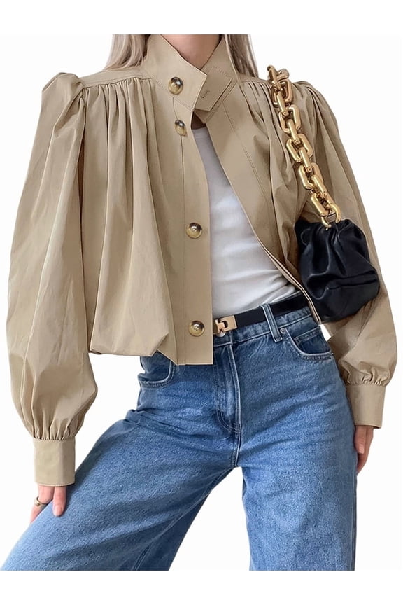 Womens Cropped Pleated Jacket Puff Long Sleeve Button Down Trench Coat Casual Outwear Khaki L