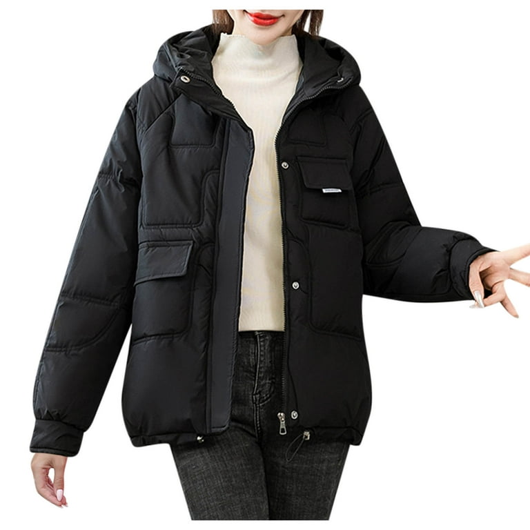 Womens Cropped Puffer Jacket Oversized Solid Color Short Puffy Winter Coats  Zip Up Hooded Padded Coat With Pocket