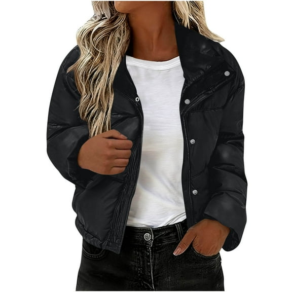 Womens Cropped Puffer Jacket, Windbreaker Parka, Button Down Winter Coat, Loose Quilted Puffer Coat, Snow Warm Outerwear Fashion Overcoat(Black,M)