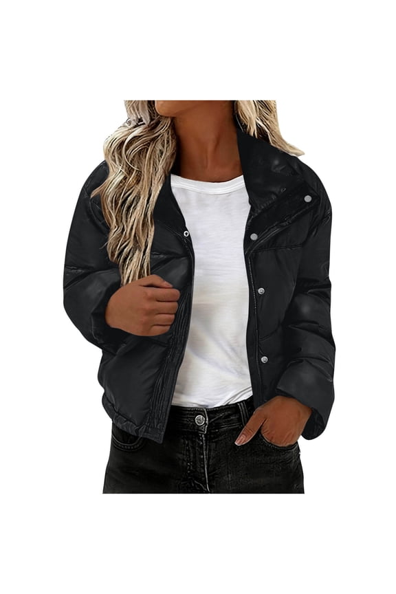 Womens Cropped Puffer Jacket, Windbreaker Parka, Button Down Winter Coat, Loose Quilted Puffer Coat, Snow Warm Outerwear Fashion Overcoat