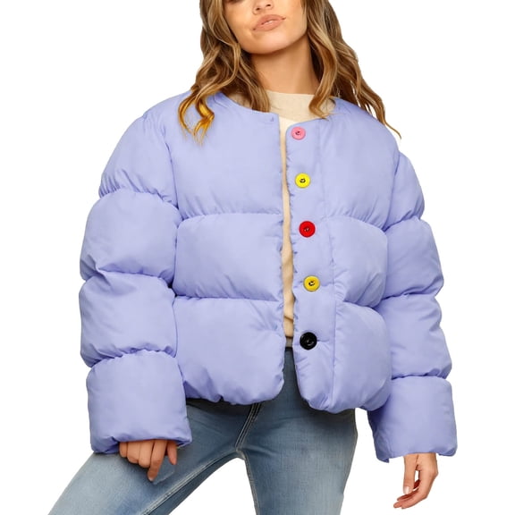 Womens Cropped Puffer Jackets Long Sleeve Collarless Color Button Down Padded Quilted Jacket Winter Coats