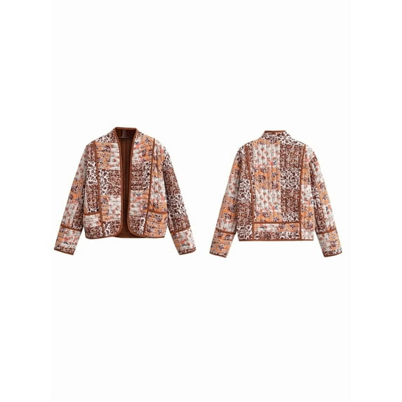 Womens Cropped Puffer Quilted Jacket Cardigan Floral Printed Long Sleeve Open Front Short Padded Coats Caramel Color M