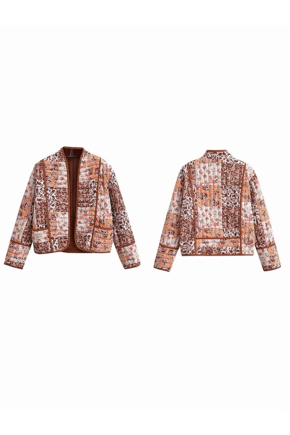 Womens Cropped Puffer Quilted Jacket Cardigan Floral Printed Long Sleeve Open Front Short Padded Coats Caramel Color M