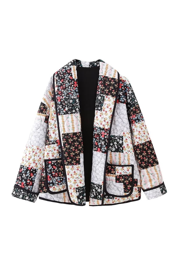 Womens Cropped Puffer Quilted Jacket Long Sleeve Warm Outerwear Oversized Floral Coat Winter Open Front Padded Cardigan (Black S)