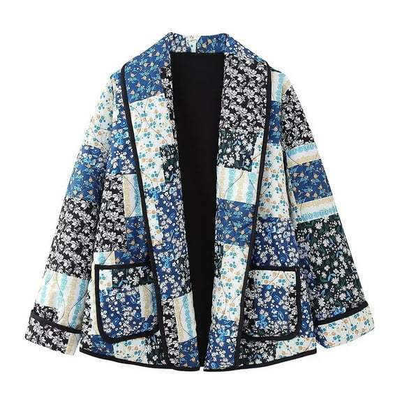 Womens Cropped Puffer Quilted Jacket Long Sleeve Warm Outerwear Oversized Floral Coat Winter Open Front Padded Cardigan (Blue L)