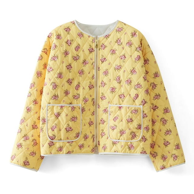 Womens Cropped Puffer Quilted Jacket Zip Up Floral/Striped Lightweight Quilted Jacket Long Sleeve Padded Coats