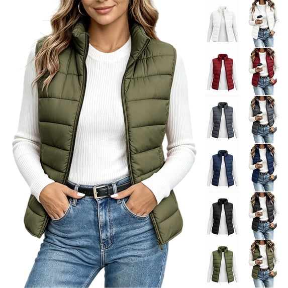 Womens Cropped Puffer Vest Stand Collar Zip Up Padded Sleeveless Jacket with Pockets Winter Warm Outerwear Coat for Fall Winter Outdoor Casual Daily Wear