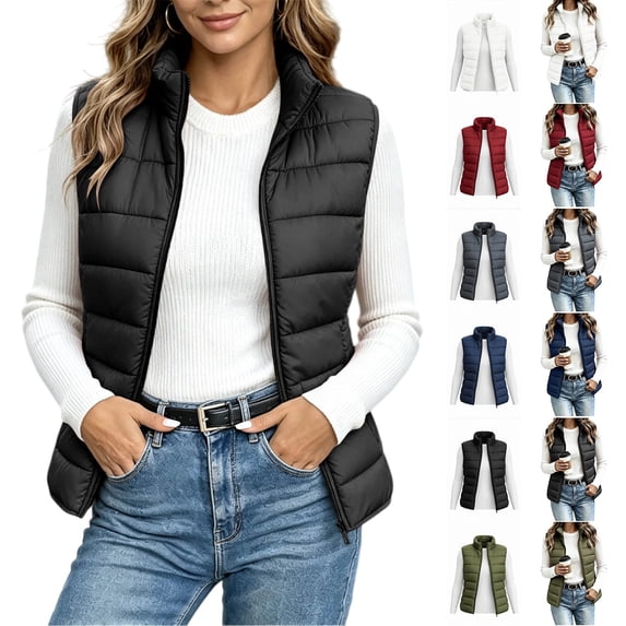 Womens Cropped Puffer Vest Stand Collar Zip Up Padded Sleeveless Jacket with Pockets Winter Warm Outerwear Coat for Fall Winter Outdoor Casual Daily Wear