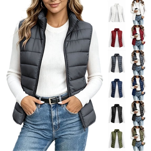 Womens Cropped Puffer Vest Stand Collar Zip Up Padded Sleeveless Jacket with Pockets Winter Warm Outerwear Coat for Fall Winter Outdoor Casual Daily Wear
