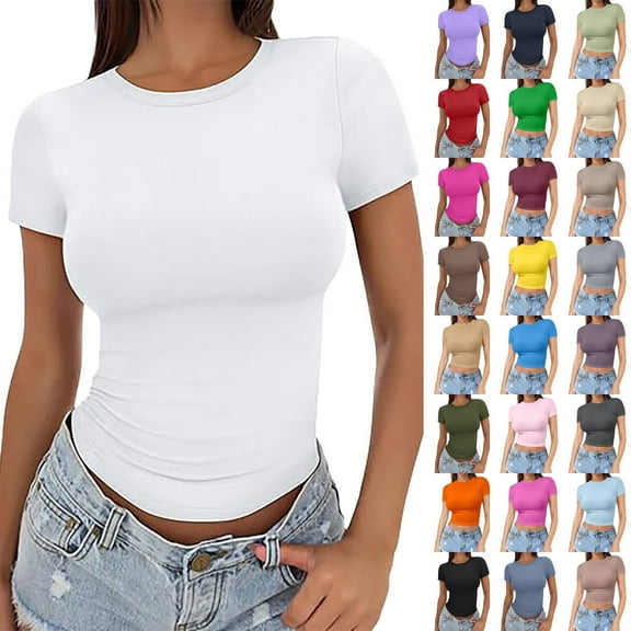 Womens Cropped Pullover Top Summer Thin Round Neck Short Sleeve Fashion Casual Tee