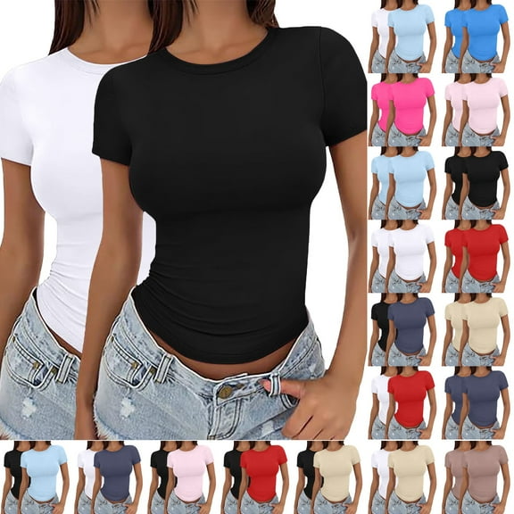 Womens Cropped Pullover Top Summer Thin Round Neck Short Sleeve Fashion Casual Tee