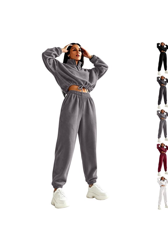 Womens Cropped Quarter Zip Sweatsuit Drawstring Hem Half Zip Stand Collar Top Cuffed Jogger Pants Set Casual Streetwear Tracksuit Gray XXL