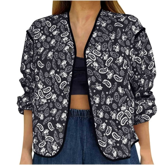 Womens Cropped Quilted Jacket Oversized Floral Short Coat Winter Long Sleeve Warm Outerwear Crew Neck Padded Outerwear (Black M)