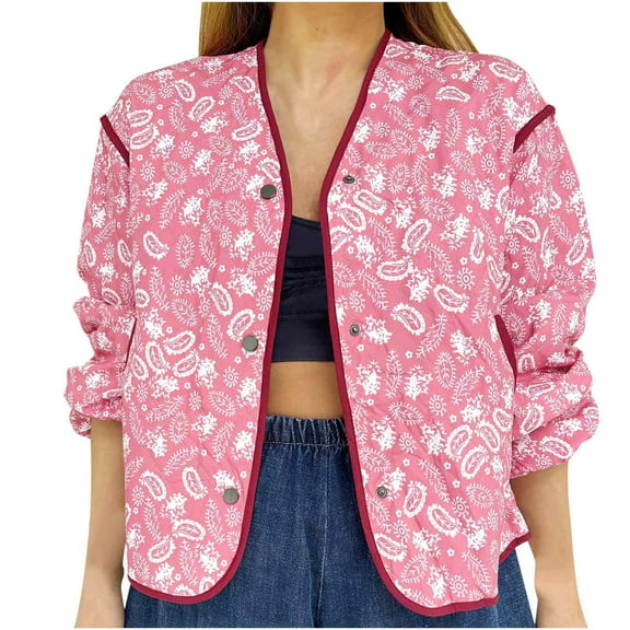 Womens Cropped Quilted Jacket Oversized Floral Short Coat Winter Long Sleeve Warm Outerwear Crew Neck Padded Outerwear (Red M)