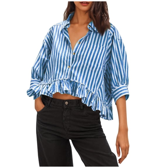 Womens Cropped Ruffle T-Shirts, 3/4 Sleeve Shirts for Women Summer Casual Striped Printed Lapel Button Down Dressy Blouses with Pockets