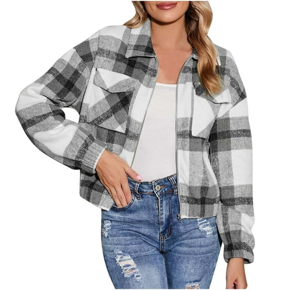 Womens Cropped Shacket Jacket Plaid Lapel Zip Up Long Sleeve Jacket Casual Loose Coat Outerwear with Pockets