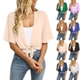 thumbnail image 1 of Womens Cropped Shrug Cardigan 3/4 Sleeve Open Front Tie Knot Chiffon Lightweight Summer Sheer Shawl Beige M, 1 of 6