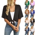 thumbnail image 1 of Womens Cropped Shrug Cardigan 3/4 Sleeve Open Front Tie Knot Chiffon Lightweight Summer Sheer Shawl Black XL, 1 of 6