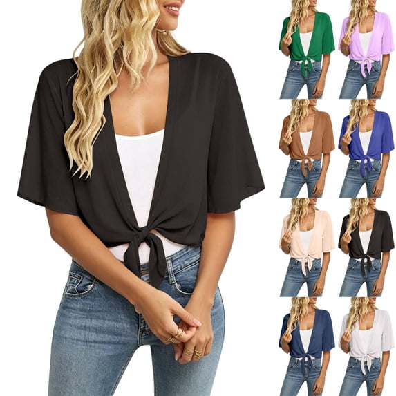 Womens Cropped Shrug Cardigan 3/4 Sleeve Open Front Tie Knot Chiffon Lightweight Summer Sheer Shawl Black XL