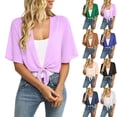 thumbnail image 1 of Womens Cropped Shrug Cardigan 3/4 Sleeve Open Front Tie Knot Chiffon Lightweight Summer Sheer Shawl Purple 2XL, 1 of 3