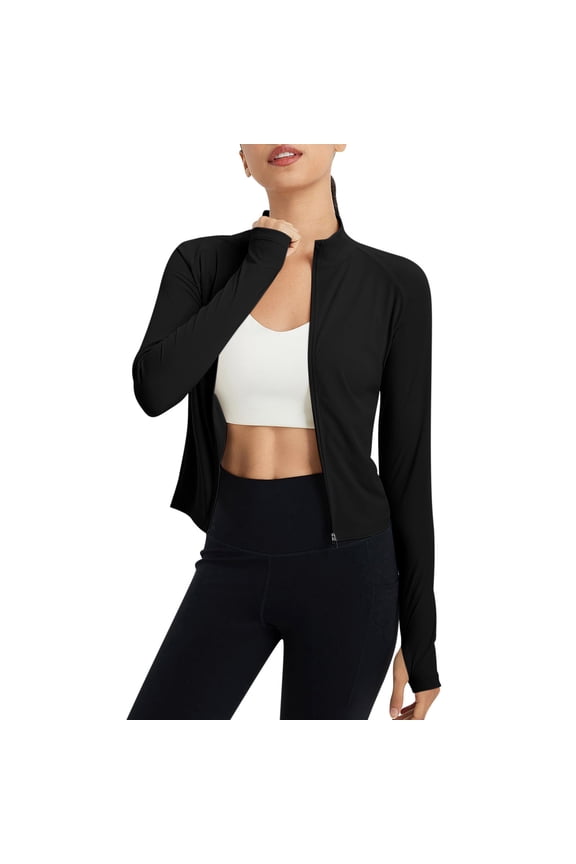 Womens Cropped Slim Fit Workout Jacket Casual Lightweight Athletic Full Zip Up Tops with Thumb Holes 2025