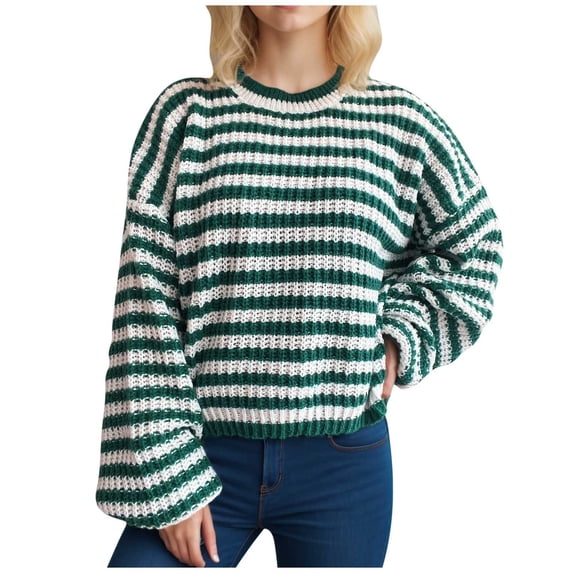 Womens Cropped Striped Sweater Casual Knit Oversized Pullover Sweaters Cute Long Sleeve Crewneck Jumper