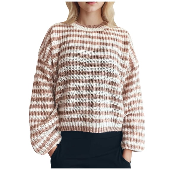 Womens Cropped Striped Sweater Casual Knit Oversized Pullover Sweaters Cute Long Sleeve Crewneck Jumper