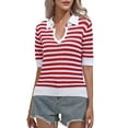 thumbnail image 1 of Womens Cropped Striped Sweater Top Summer Short Sleeve V Neck Collared Going Out Trendy Loose Shirt Red S, 1 of 8