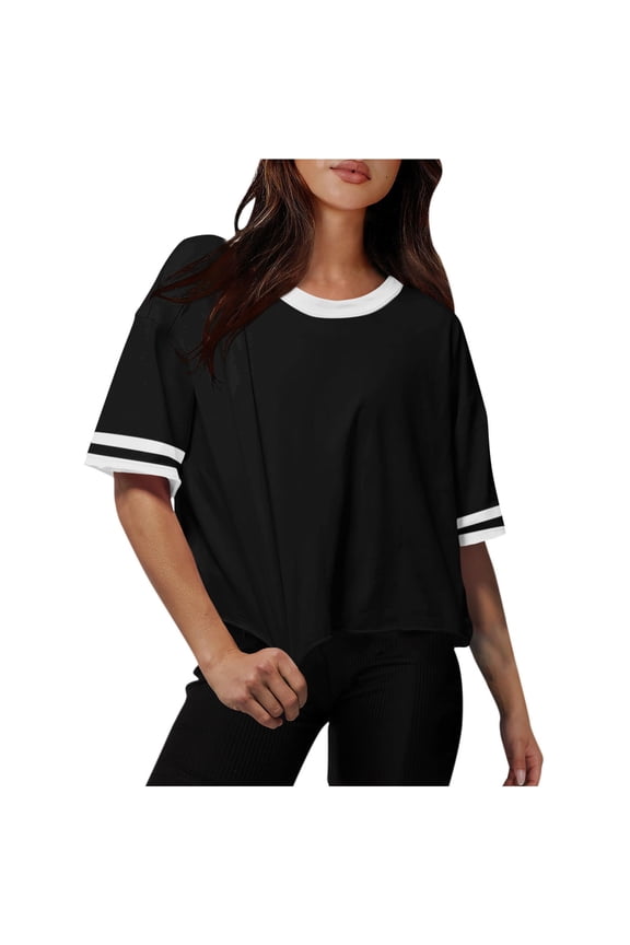 Womens Cropped Summer Tops, Short Sleeve Shirts for Women Casual Loose Fit Solid Color Crewneck T-Shirts