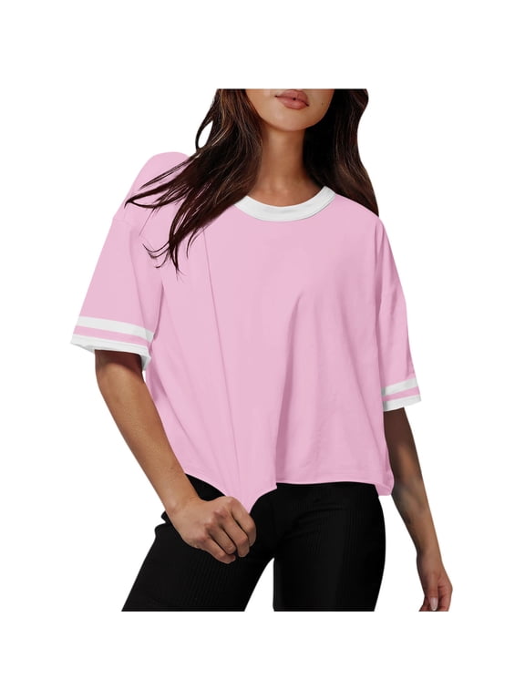 Womens Cropped Summer Tops, Short Sleeve Shirts for Women Casual Loose Fit Solid Color Crewneck T-Shirts