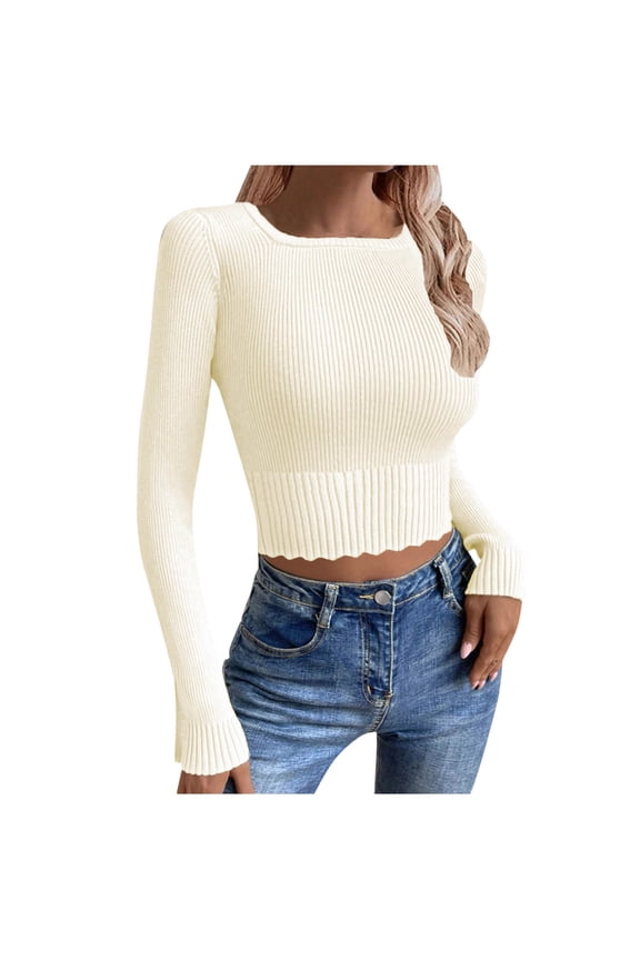 Womens Cropped Sweater Ribbed Knit Square Neck Base Layer Sweaters Long Sleeve Fall Slimming Tops Beige, L