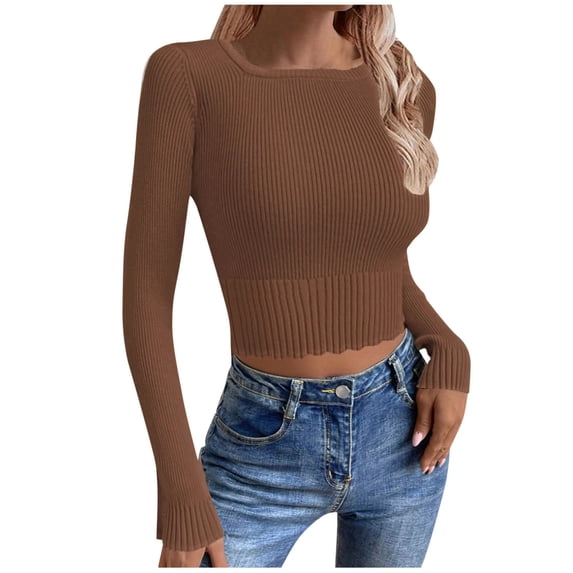 Womens Cropped Sweater Ribbed Knit Square Neck Base Layer Sweaters Long Sleeve Fall Slimming Tops Coffee, L