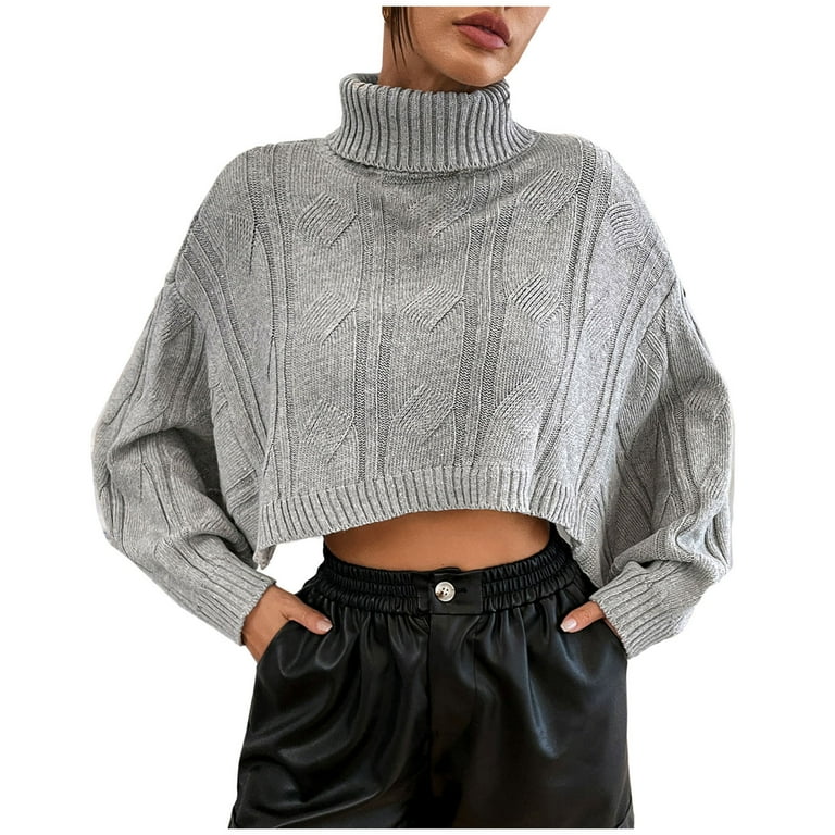 Womens Cropped Sweaters Batwing Sleeve Turtleneck Pullover Oversized Knit Sweater Solid Color Jumper Tops