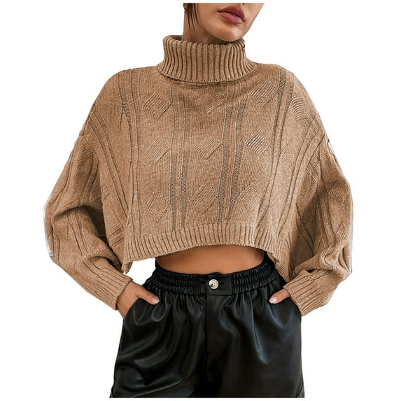 Womens Cropped Sweaters Batwing Sleeve Turtleneck Pullover Oversized Knit Sweater Solid Color Jumper Tops
