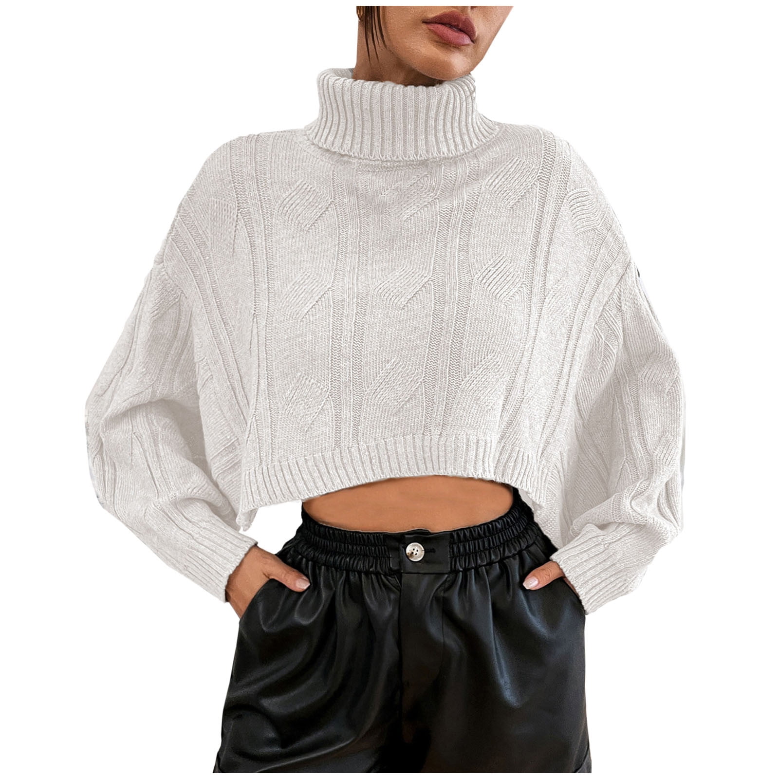 Womens Cropped Sweaters Batwing Sleeve Turtleneck Pullover