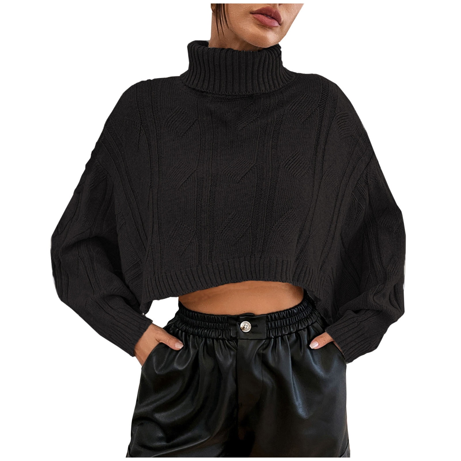 Womens Cropped Sweaters Batwing Sleeve Turtleneck Pullover