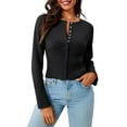 thumbnail image 1 of Womens Cropped Sweaters Button Down Long Sleeve V Neck Ribbed Knit Slim Fit Pullover Crop Tops Black M, 1 of 9