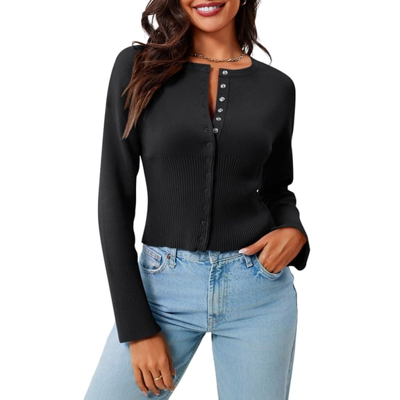 Womens Cropped Sweaters Button Down Long Sleeve V Neck Ribbed Knit Slim Fit Pullover Crop Tops Black M