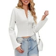 thumbnail image 1 of Womens Cropped Sweaters Button Down Long Sleeve V Neck Ribbed Knit Slim Fit Pullover Crop Tops White M, 1 of 8