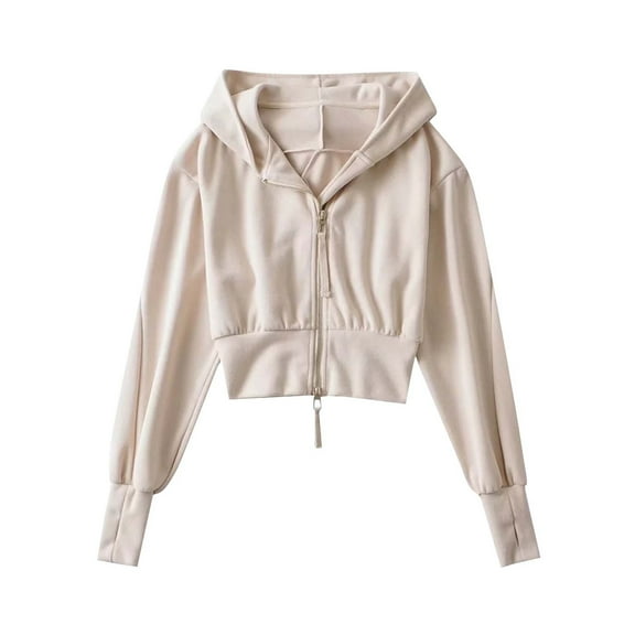 Womens Cropped Sweatshirt Coats, Zip Up Hoodies for Women Fall Casual Athletic Solid Color Hooded Long Sleeve Pullover Jacket S-L