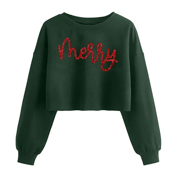 Womens Cropped Sweatshirt Funny Christmas Graphic Xmas Holiday Party Casual Long Sleeve Fall Clothes Tops Pullover Green M