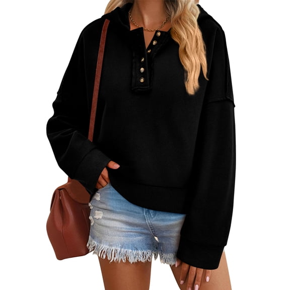 Womens Cropped Sweatshirt Hoodies Long Sleeve V Neck Button Hooded Pullover Tops 2024 Fall Winter Outfits (Khaki,M) ..