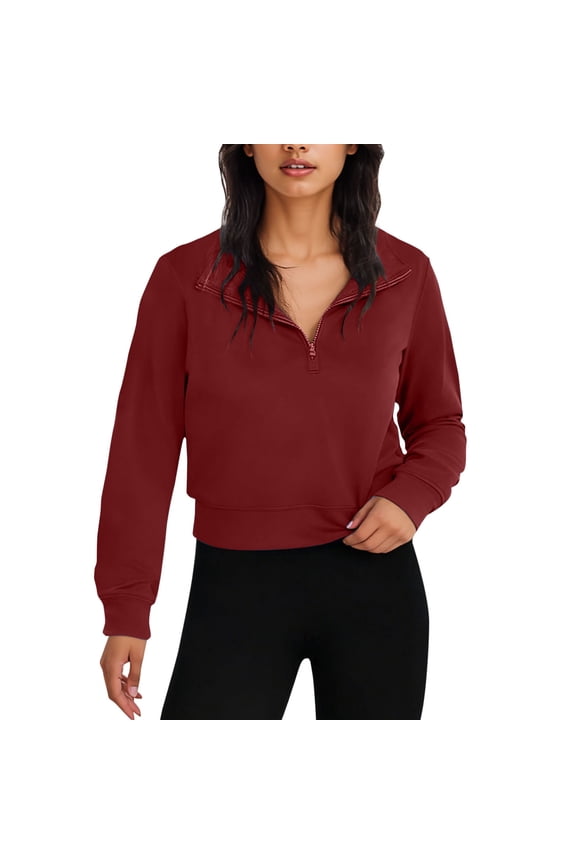 Womens Cropped Sweatshirt, Long Sleeve Pullover for Women Fall Outdoor Casual Solid Color Half Zip Up Sweatshirts