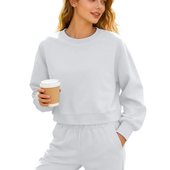 Womens Cropped Sweatshirts Casual Loose Fit Workout Pullover Shirts Solid Color Long Sleeve Crew Neck Crop Tops