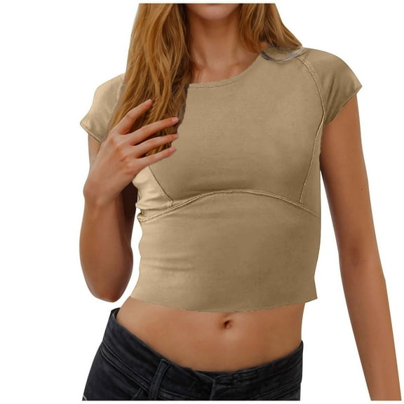 Womens Cropped T-Shirts, Short Sleeve Shirts for Women Summer Casual Slimming Fit Solid Color Crewneck Tees