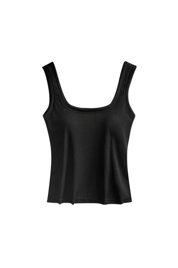 Womens Cropped Tank Top, Tank Tops with Built in Bras Padded Summer Lightweight Slimming Fit Square Neck Sleeveless Shirts S-XL