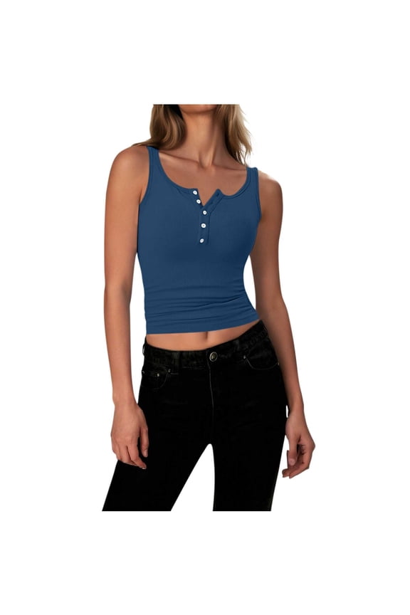Womens Cropped Tank Tops, Henley Shirts for Women Summer Slimming Fit Button Up Sleeveless Shirt Tanks