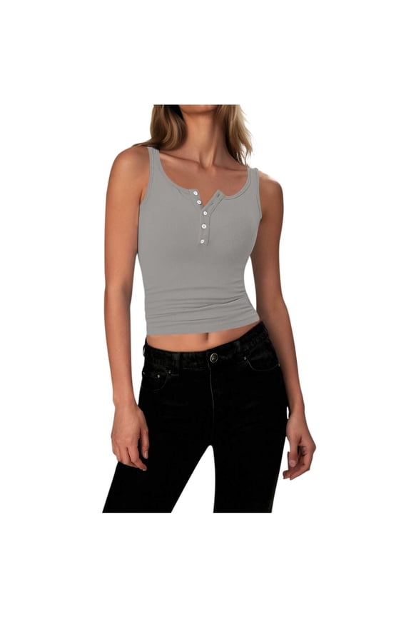 Womens Cropped Tank Tops, Henley Shirts for Women Summer Slimming Fit Button Up Sleeveless Shirt Tanks