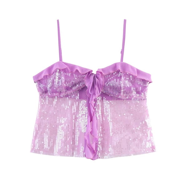 Womens Cropped Tank Tops Spaghetti Strap Ruffled Sequin Camisole Top for Women Backless Tie Front Summer Party Shirts